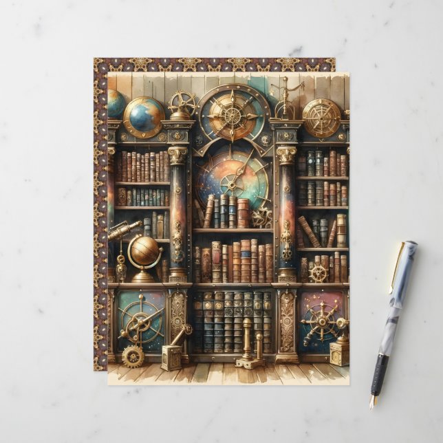 Celestial Steampunk Library Scrapbook Paper (Vorderseite/Rückseite Beispiel)