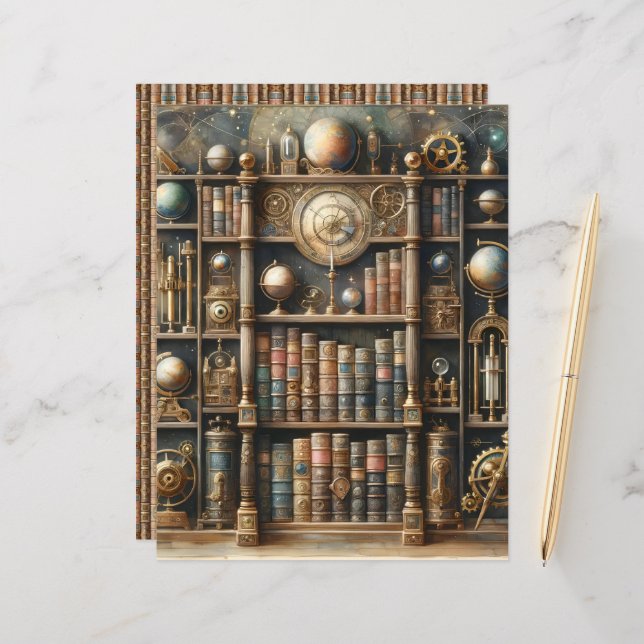 Celestial Steampunk Library Scrapbook Paper (Vorderseite/Rückseite Beispiel)