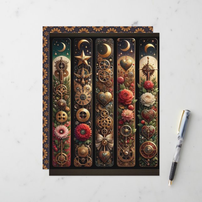 Celestial Steampunk Valentines Scrapbook Paper (Vorderseite/Rückseite Beispiel)