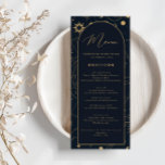 Celestial Sun and Moon Gold and Navy Menü Menükarte<br><div class="desc">Diese einzigartige, individuell anpassbare Hochzeitsmenu-Karte, die sich mit unseren Celestial Mystic Collection abstimmen lässt, verfügt über prächtige goldene Himmelselemente auf dunklem Marinestützpunkt. Für eine erweiterte Anpassung dieses Designs, z.B. das Ändern des Layouts, des Schriftartes oder der Textgröße, klicken Sie bitte auf den obigen Button "KENNEN". Bitte kontaktieren Sie mich für...</div>