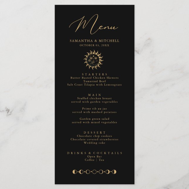 Celestial Sun and Moon Menu Black and Gold Version Menükarte (Vorderseite)