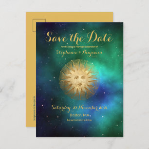Celestial Sun Aquamarin Gold Glitzer Save the Date Ankündigungspostkarte