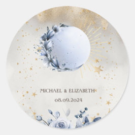Celestial Sun, Blue Moon Blume, Stars Night Sky Runder Aufkleber