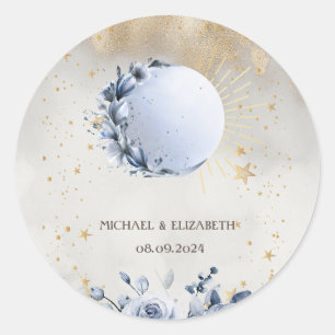 Celestial Sun, Blue Moon Blume, Stars Night Sky Runder Aufkleber