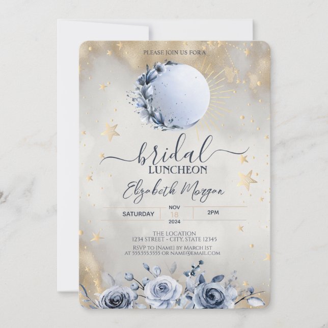 Celestial Sun, Blue Moon Rose Bridal Luncheon Einladung (Vorderseite)