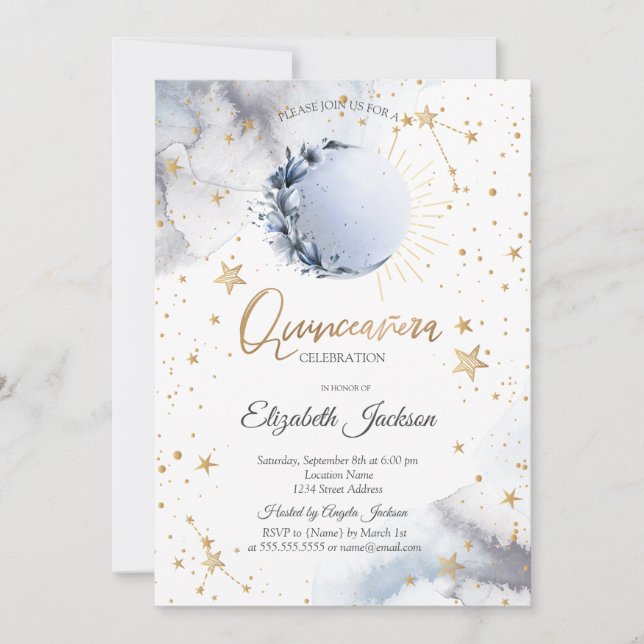 Celestial Sun, Blue Moon, Stars Blume Quinceanera Einladung (Vorderseite)