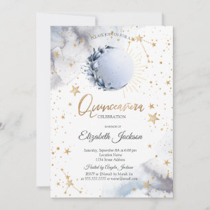 Celestial Sun, Blue Moon, Stars Blume Quinceanera Einladung