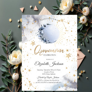 Celestial Sun, Blue Moon, Stars Blume Quinceanera Einladung