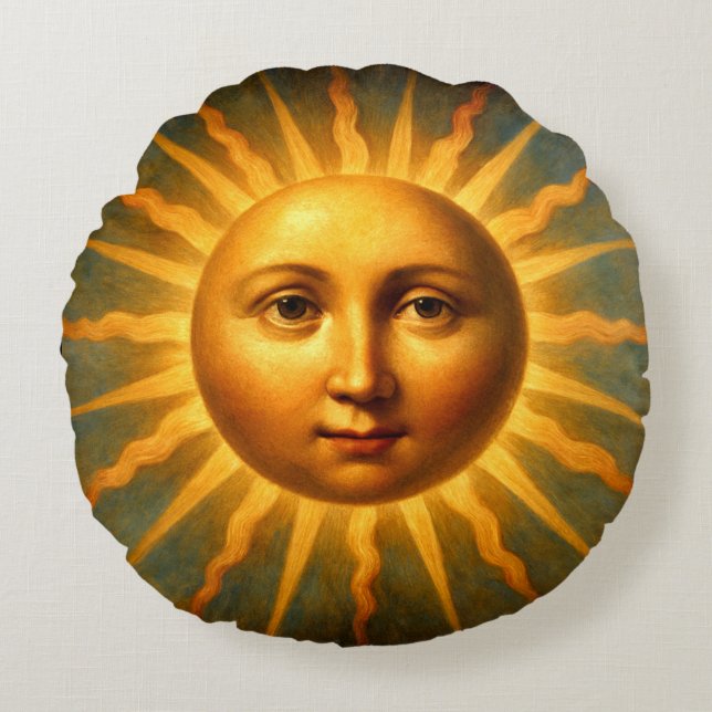 Celestial Sun & Crescent Moon Face Rundes Kissen (Vorderseite)