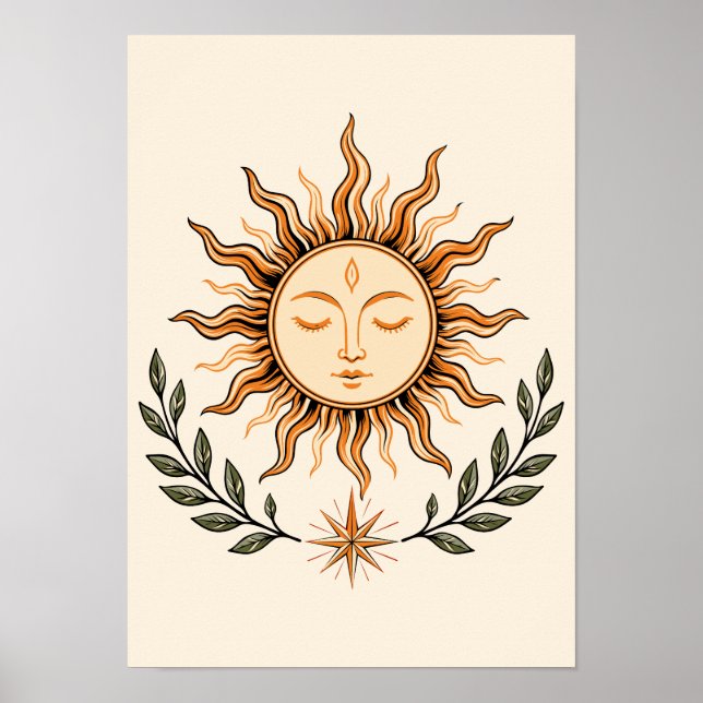 Celestial Sun Face Botanical Mystical Art Poster (Vorne)
