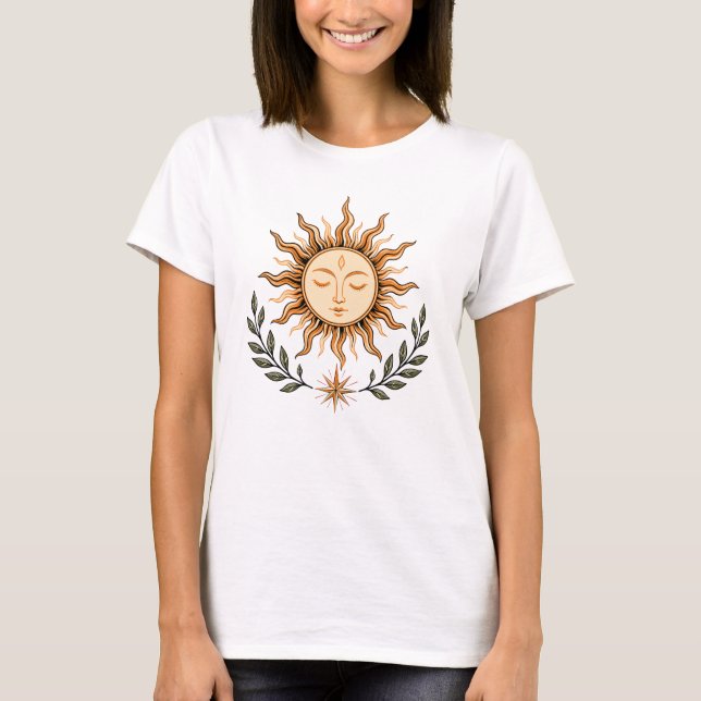 Celestial Sun Face Botanical Mystical Art T-Shirt (Vorderseite)