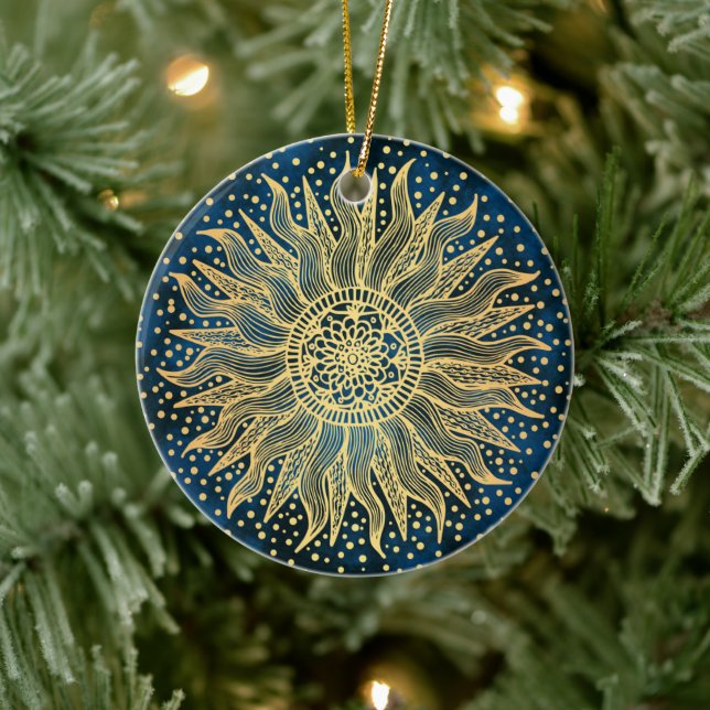 Celestial Sun Mandala Blue Gold Confetti Keramik Ornament (Baum)