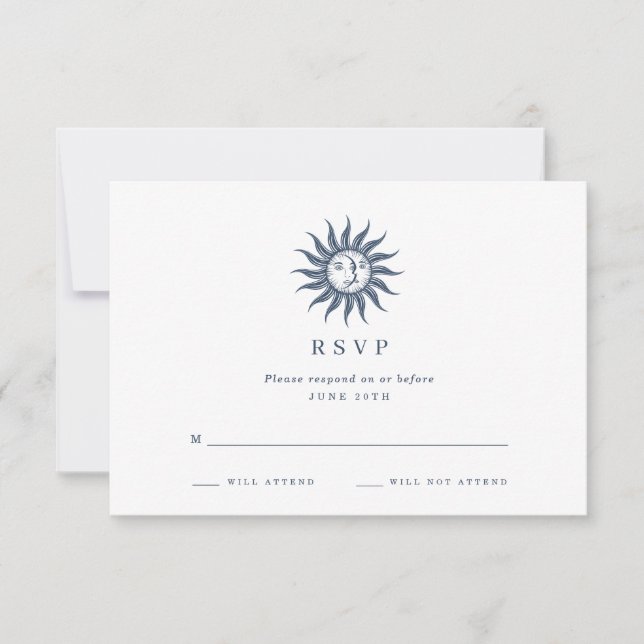 Celestial Sun & Moon Blue Agate Wedding RSVP Karte (Vorderseite)