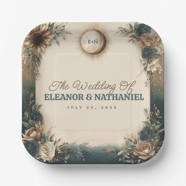 Celestial Sun Moon Boho Floral Rustic Wedding Pappteller (Vorderseite)