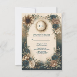 Celestial Sun Moon Boho Floral Rustic Wedding RSVP Karte