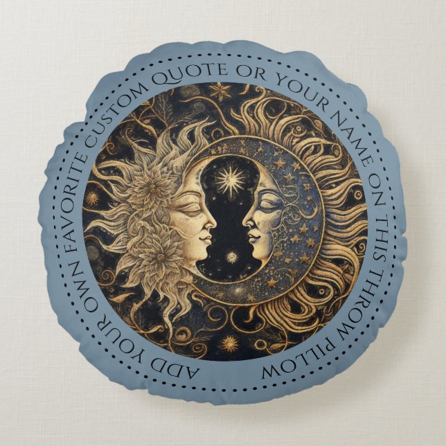 Celestial Sun Moon Custom Quote Blue Round Pillow Rundes Kissen (Vorderseite)