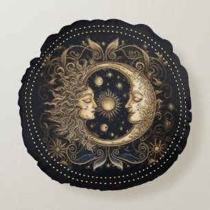 Celestial Sun Moon Face Planets Round Pillow Rundes Kissen
