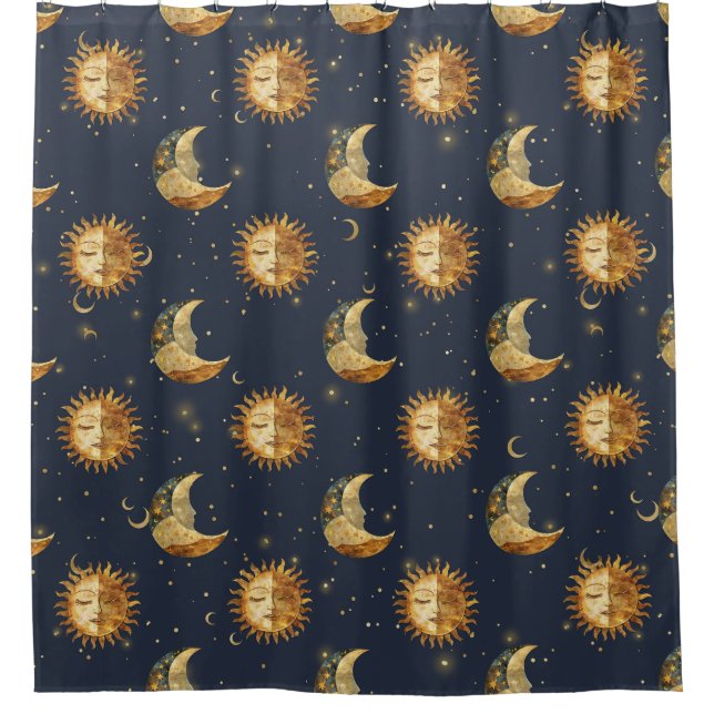 Celestial Sun & Moon Gold Starry Night Pattern (1) Duschvorhang (Vorderseite)