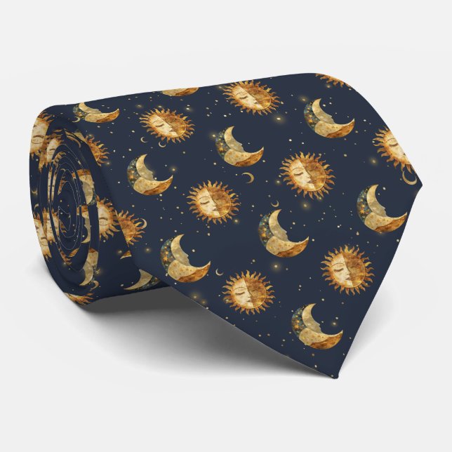 Celestial Sun & Moon Gold Starry Night Pattern (1) Krawatte (Gerollt)