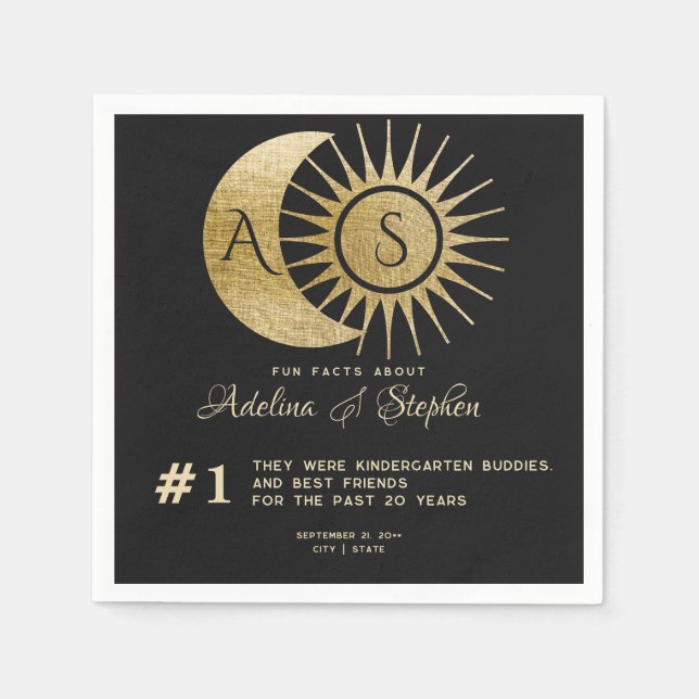 Celestial Sun Moon Monogram Wappen Gold Spaß Fakte Serviette (Vorderseite)