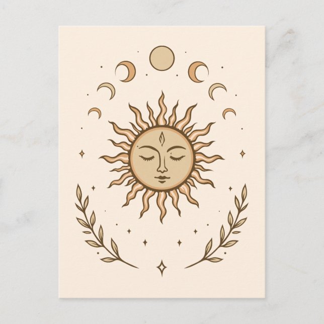 Celestial Sun Moon Phases Mystical Botanical Art Postkarte (Vorderseite)