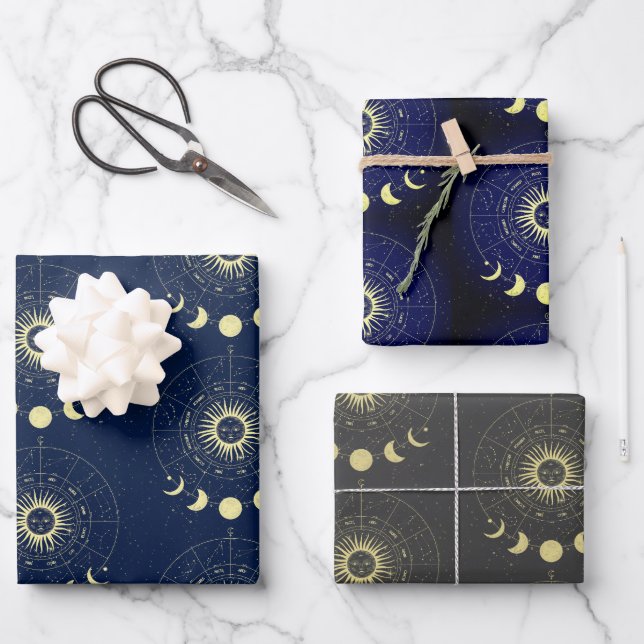 Celestial Sun Moon Phases Zodiac Geschenkpapier Set (Vorderseite)