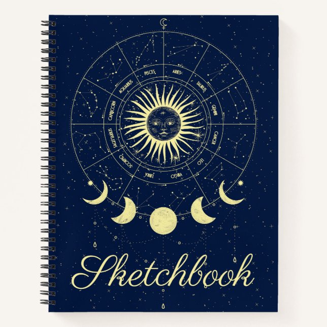 Celestial Sun Moon Phases Zodiac Sketchbook Notizbuch (Vorderseite)