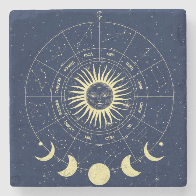 Celestial Sun Moon Phases Zodiac Steinuntersetzer (Vorderseite)