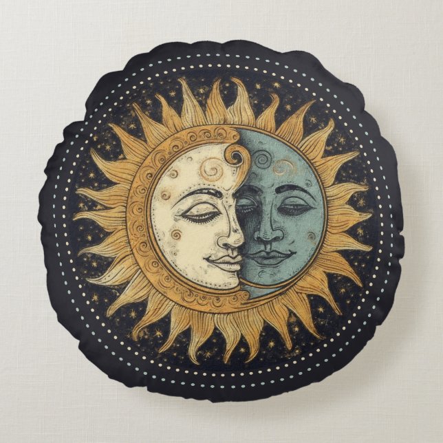 Celestial Sun Moon Round Pillow Rundes Kissen (Vorderseite)