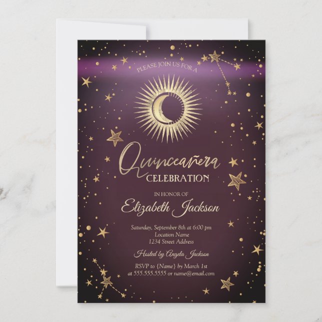 Celestial Sun, Moon, Stars Burgundy Quinceanera Einladung (Vorderseite)