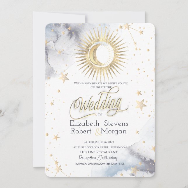 Celestial Sun,Moon,Stars Chic Wedding   Einladung (Vorderseite)