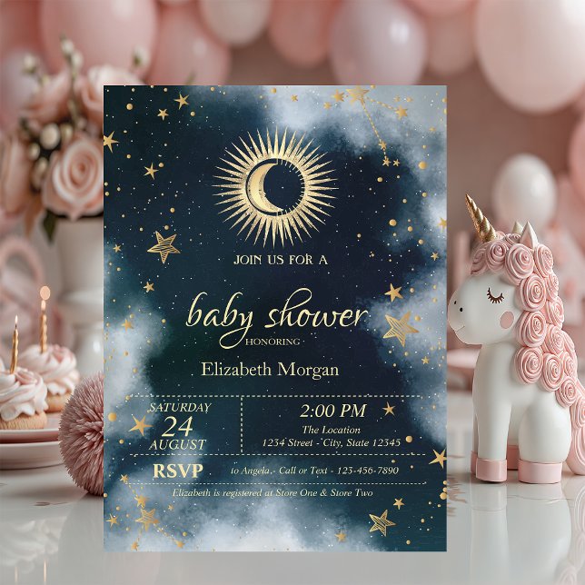 Celestial Sun, Moon, Stars Night Sky Baby Dusche Einladung (Von Creator hochgeladen)