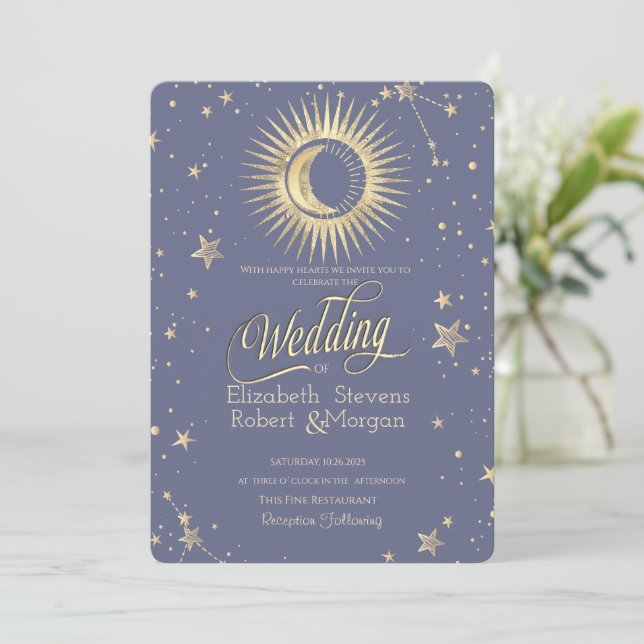 Celestial Sun, Moon, Stars Pastel Wedding Einladung (Stehend Vorderseite)