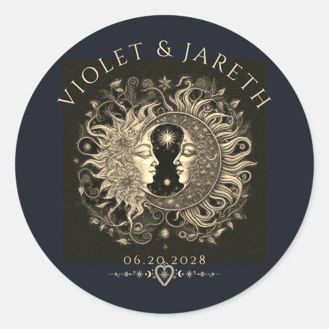 Celestial Sun Moon Stars Wedding Runder Aufkleber (Vorderseite)