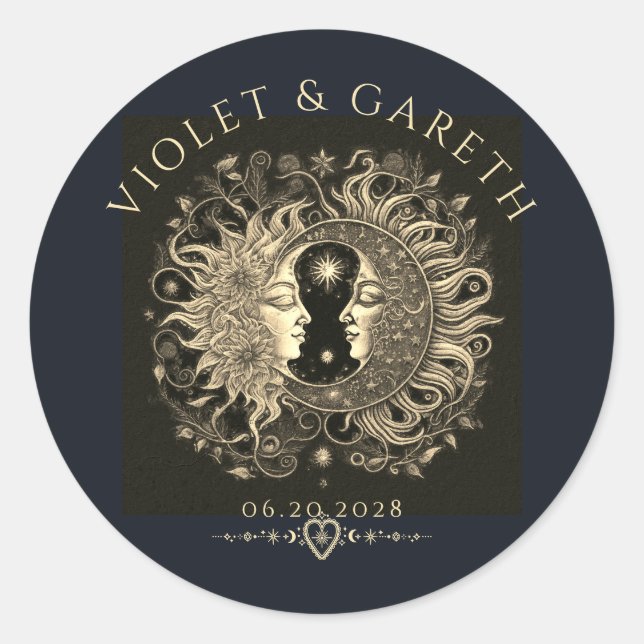 Celestial Sun Moon Stars Wedding Runder Aufkleber (Vorderseite)