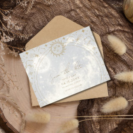 Celestial Sun Moon Stars Wedding Save the Date Ankündigungspostkarte
