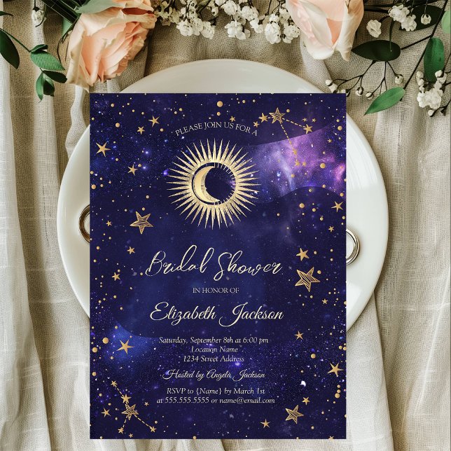 Celestial Sun, Moon, Sterne Lila Brautparty Einladung (Von Creator hochgeladen)