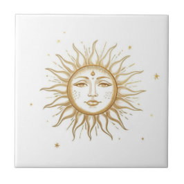 Celestial Sun with Face Gold and White Fliese