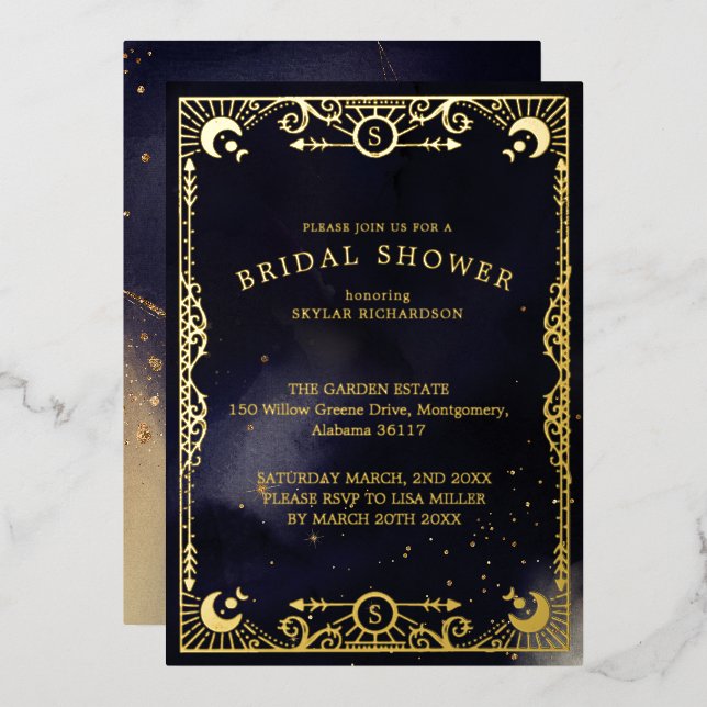 Celestial Tarot Card Sun & Moon Navy Brautparty Folieneinladung (Vorderseite/Rückseite)