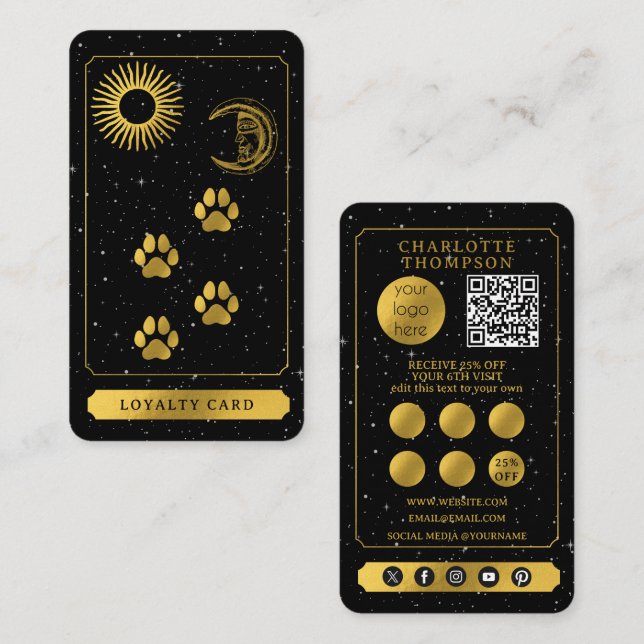 Celestial Tarot Dog Grooming Black Gold Thank You Visitenkarte (Vorne/Hinten)