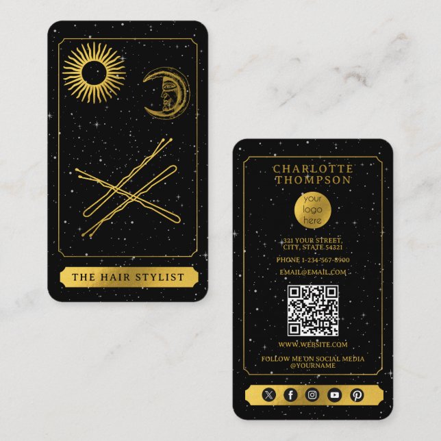 Celestial Tarot Logo Friseur Haare Buttone Gold Visitenkarte (Vorne/Hinten)