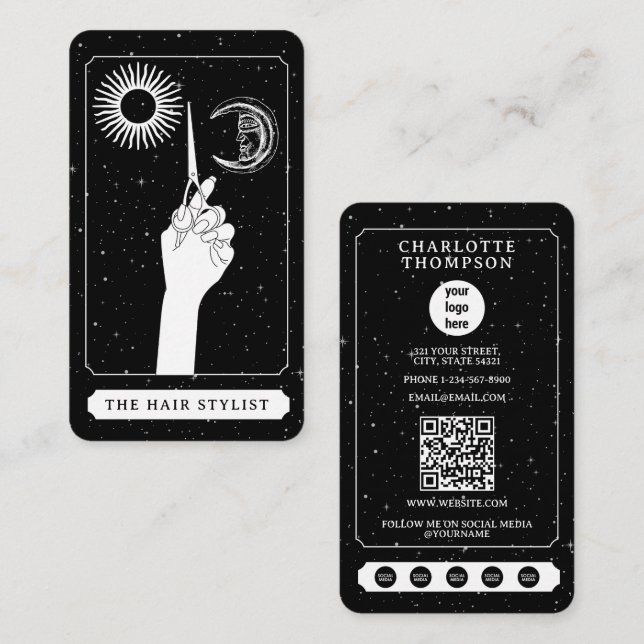 Celestial Tarot Logo Friseur Schwarz-weiß Niedlich Visitenkarte (Vorne/Hinten)