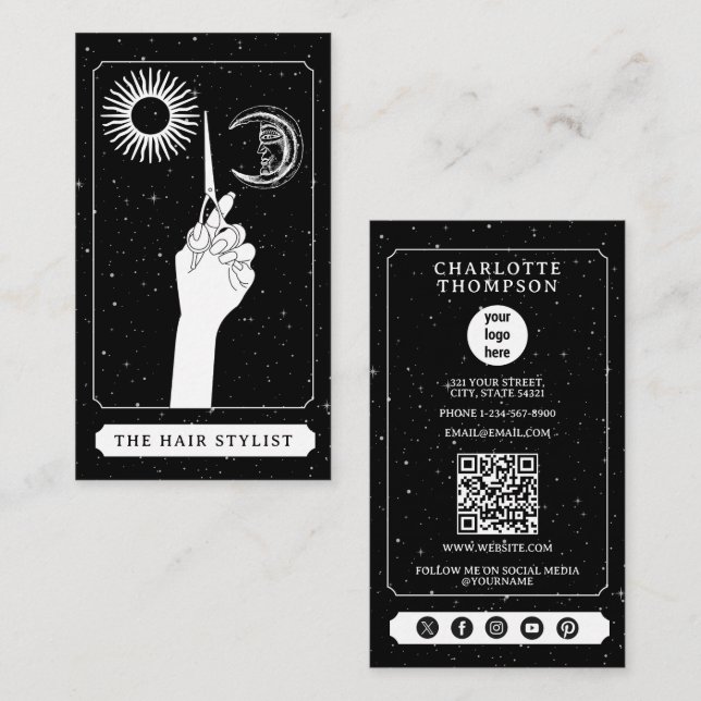 Celestial Tarot Logo Friseur Schwarz-weiß Visitenkarte (Vorne/Hinten)