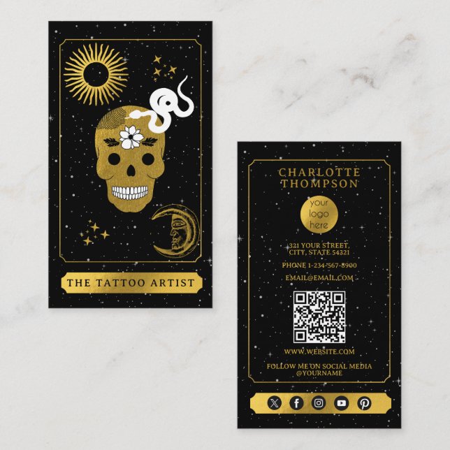 Celestial Tarot Logo Tattoo Artist Black Gold  Visitenkarte (Vorne/Hinten)