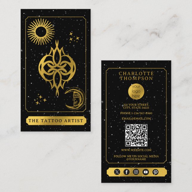 Celestial Tarot Logo Tattoo Artist Black Gold  Visitenkarte (Vorne/Hinten)