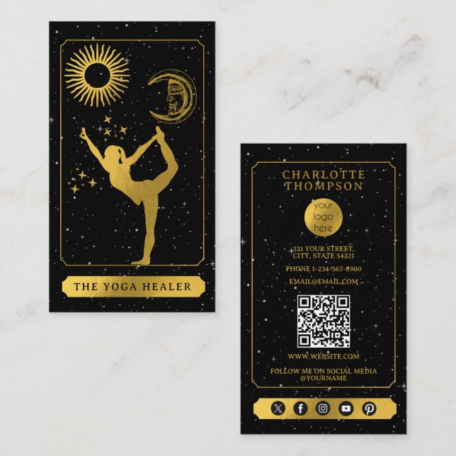 Celestial Tarot Logo Yoga Healer Black Gold  Visitenkarte (Vorne/Hinten)