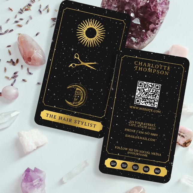 Celestial Tarot Sun Moon Friseur Black Gold Visitenkarte (Celestial Tarot Sun Moon Hairdresser Black Gold Business Card)