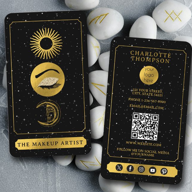 Celestial Tarot Sun Moon Makeup Artist Black Gold Visitenkarte (Celestial Tarot Sun Moon Makeup Artist Black Gold Business Card)