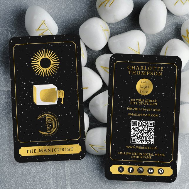 Celestial Tarot Sun Moon Nail Salon Black Visitenkarte (Celestial Tarot Sun Moon Nail Salon Black Gold Business Card)