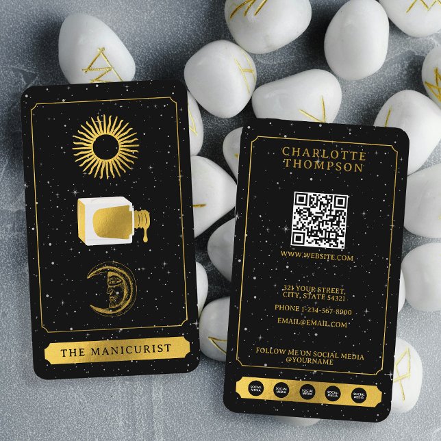 Celestial Tarot Sun Moon Nail Salon Black Visitenkarte (Celestial Tarot Sun Moon Nail Salon Black Gold Business Card)